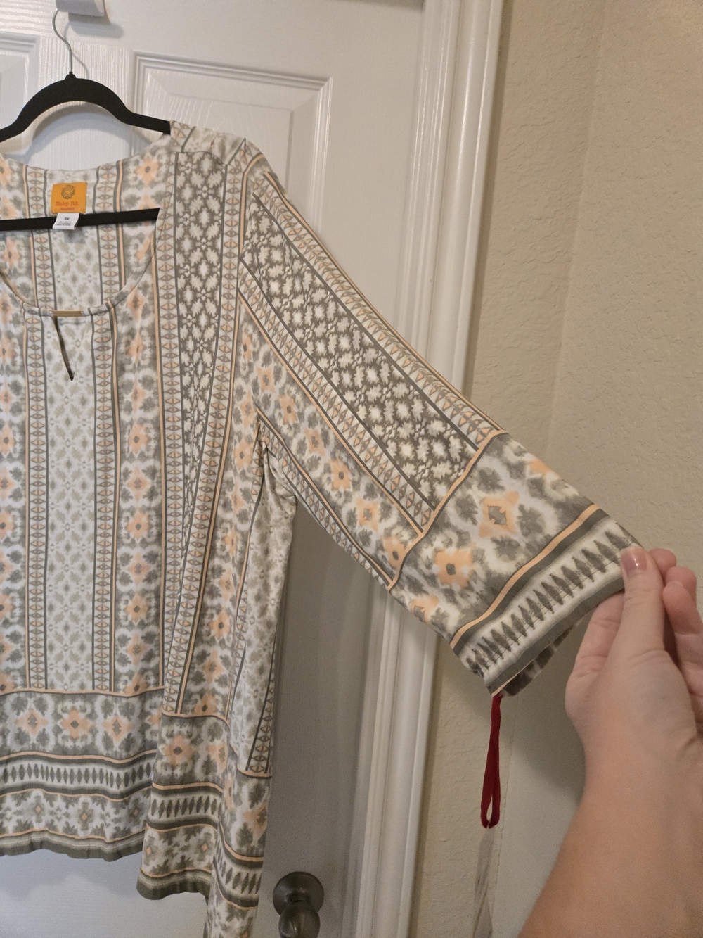 Ruby Rd. Cream, Olive & Peach Patterned Boho Blouse - Picture 3 of 9